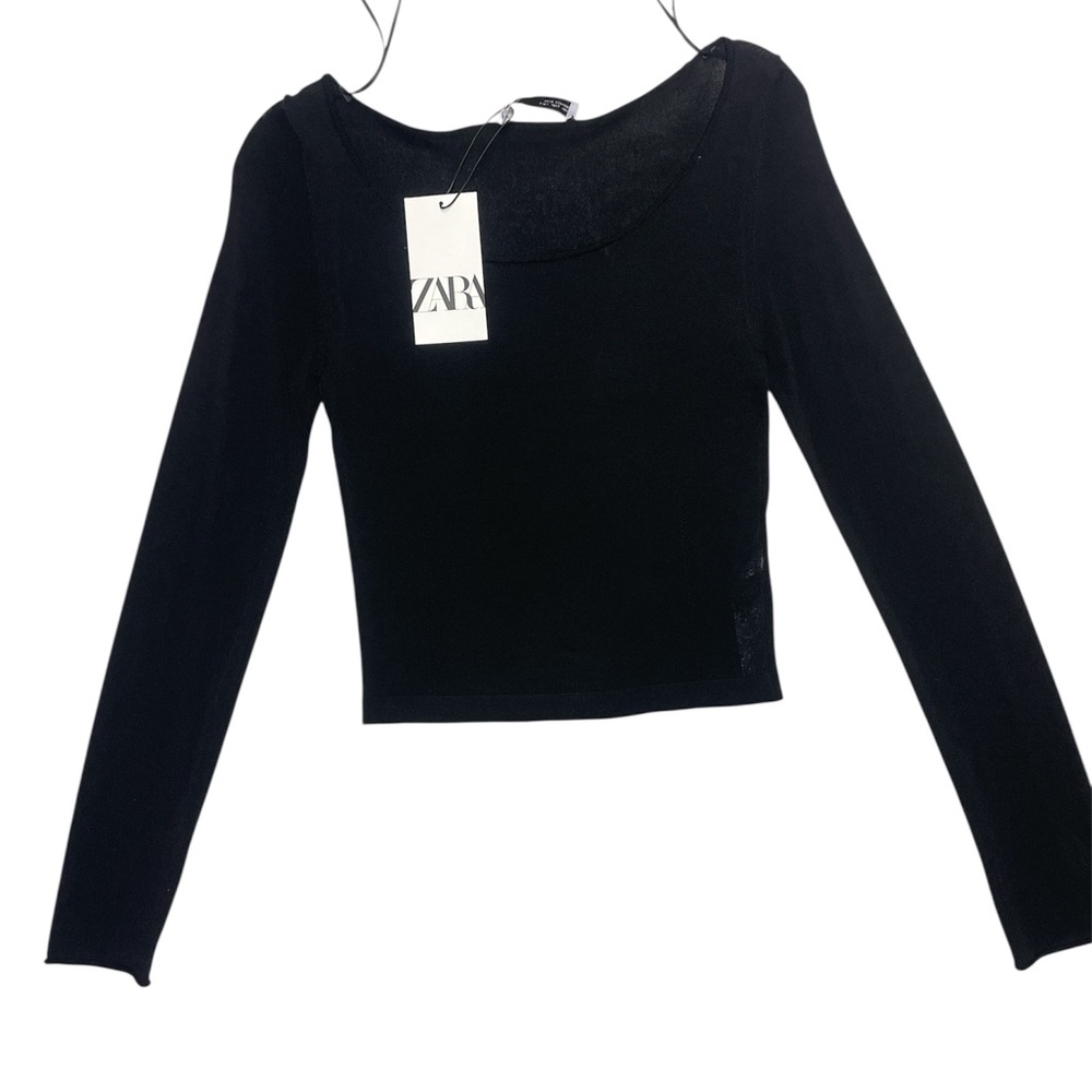 NWT Zara Black Basic Plain Boat Long Sleeve Crop Top Tee Size Large